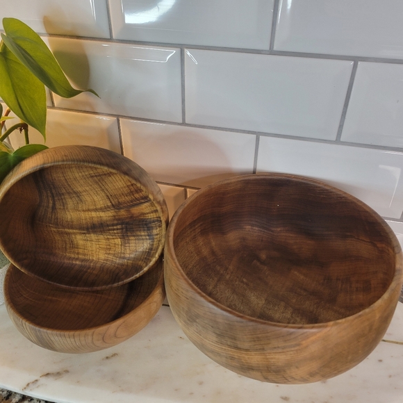 Vintage Hand Turned Myrtle Wood 3 Piece Bowl Set Made in USA, The Wooden Nickel - Picture 2 of 8